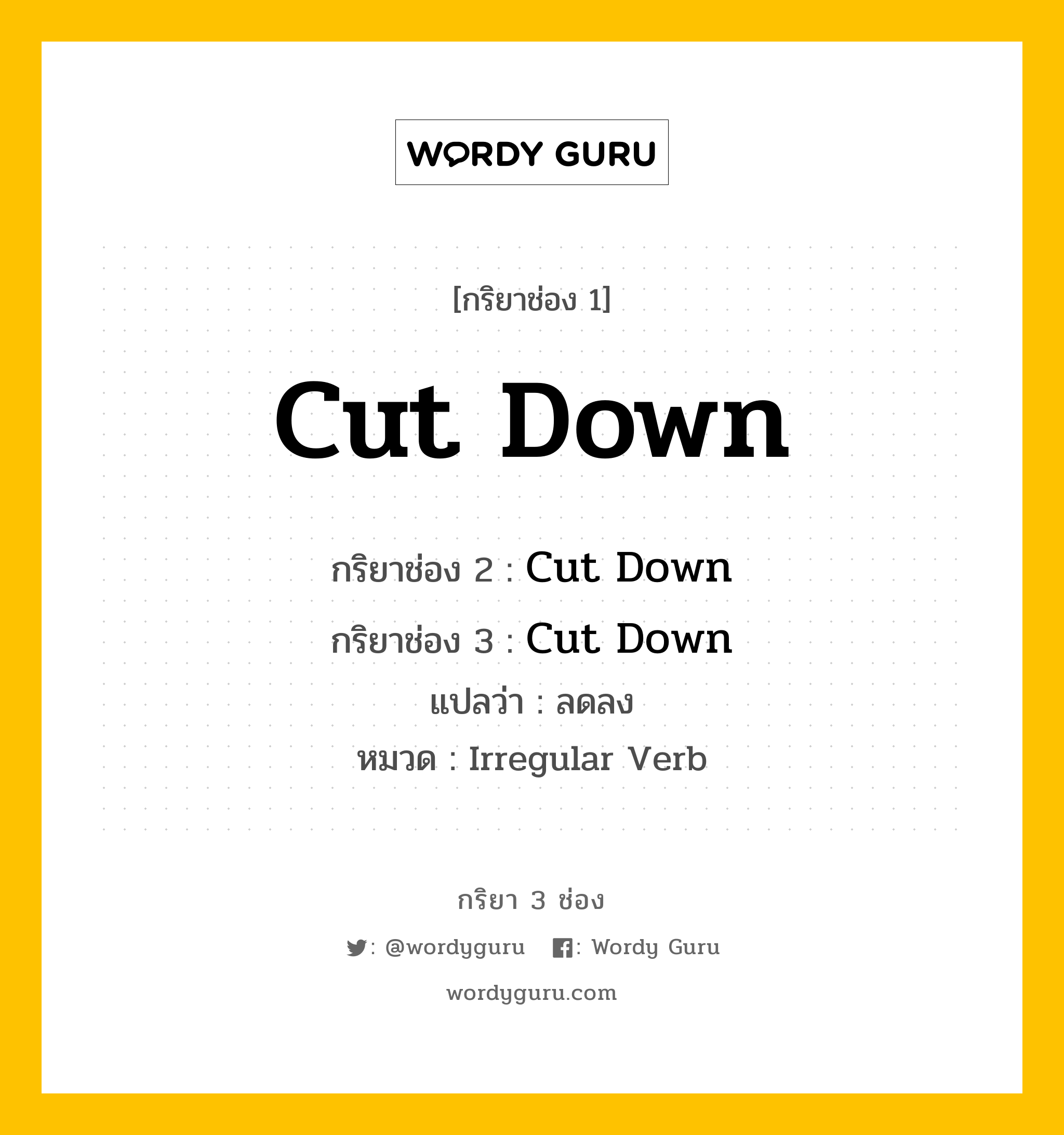 กริยา 3 ช่อง: Cut Down ช่อง 2 Cut Down ช่อง 3 คืออะไร, กริยาช่อง 1 Cut Down กริยาช่อง 2 Cut Down กริยาช่อง 3 Cut Down แปลว่า ลดลง หมวด Irregular Verb หมวด Irregular Verb