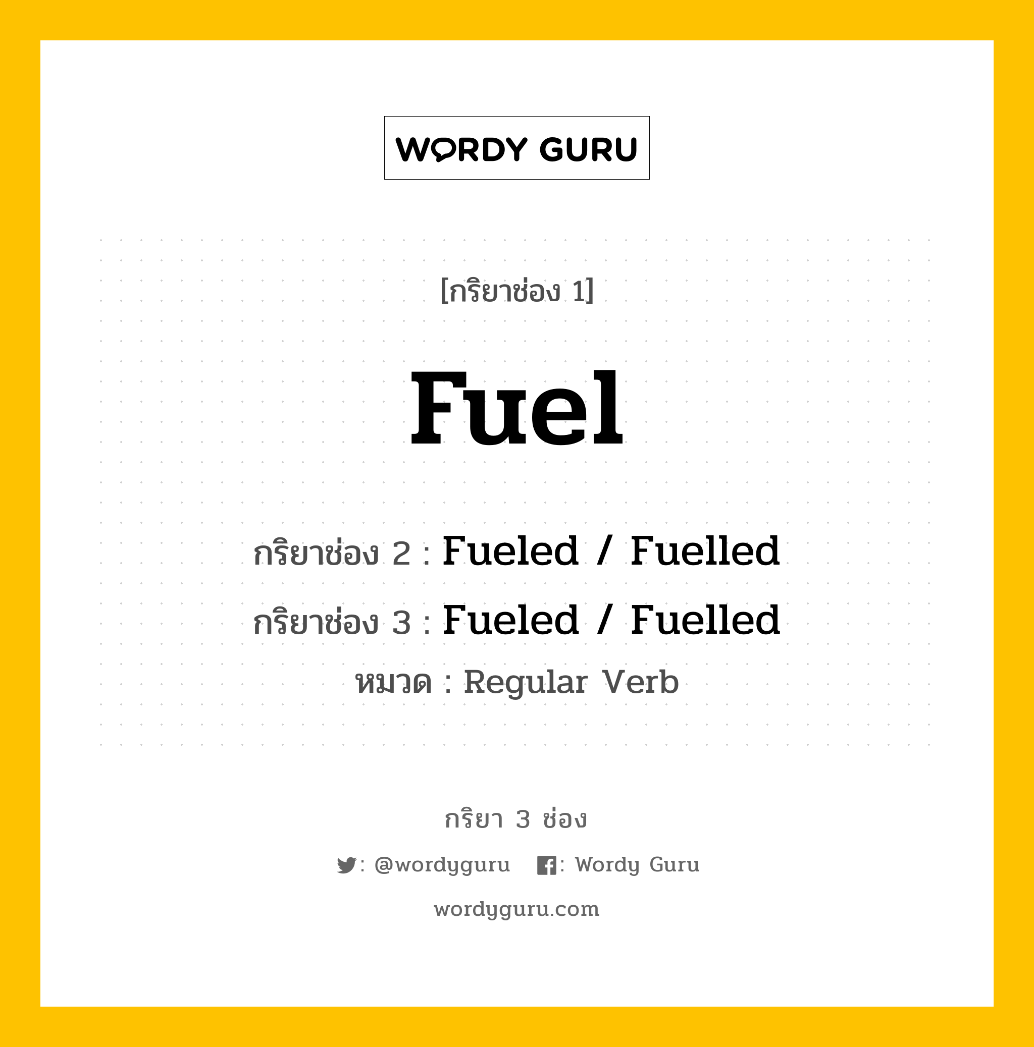 กริยา 3 ช่อง: Fuel ช่อง 2 Fuel ช่อง 3 คืออะไร, กริยาช่อง 1 Fuel กริยาช่อง 2 Fueled / Fuelled กริยาช่อง 3 Fueled / Fuelled หมวด Regular Verb หมวด Regular Verb