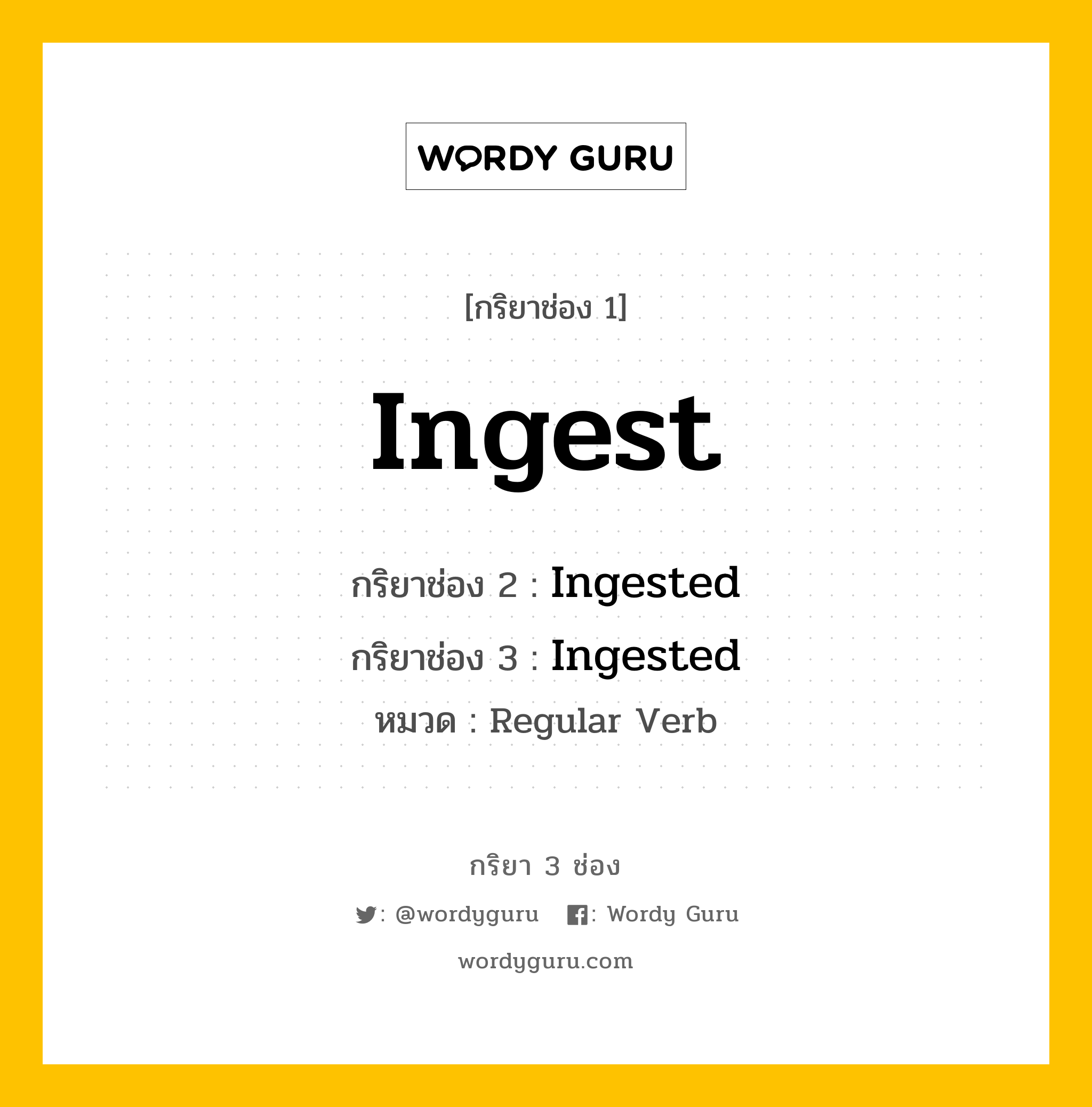 กริยา 3 ช่อง: Ingest ช่อง 2 Ingest ช่อง 3 คืออะไร, กริยาช่อง 1 Ingest กริยาช่อง 2 Ingested กริยาช่อง 3 Ingested หมวด Regular Verb หมวด Regular Verb