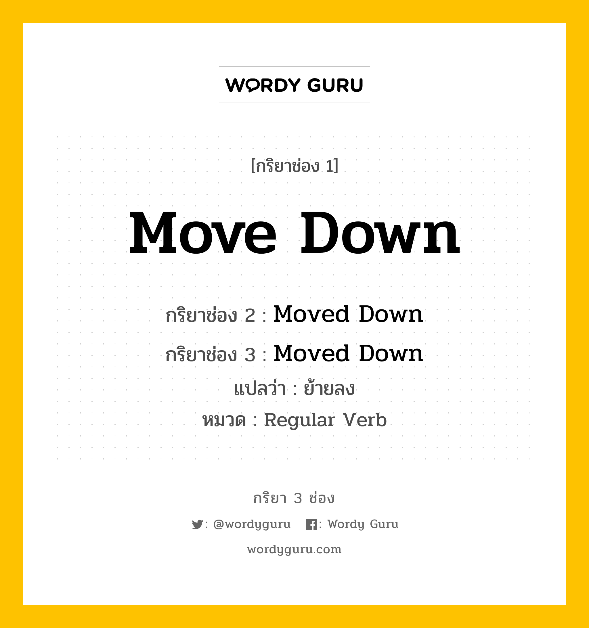 กริยา 3 ช่อง: Move Down ช่อง 2 Move Down ช่อง 3 คืออะไร, กริยาช่อง 1 Move Down กริยาช่อง 2 Moved Down กริยาช่อง 3 Moved Down แปลว่า ย้ายลง หมวด Regular Verb หมวด Regular Verb